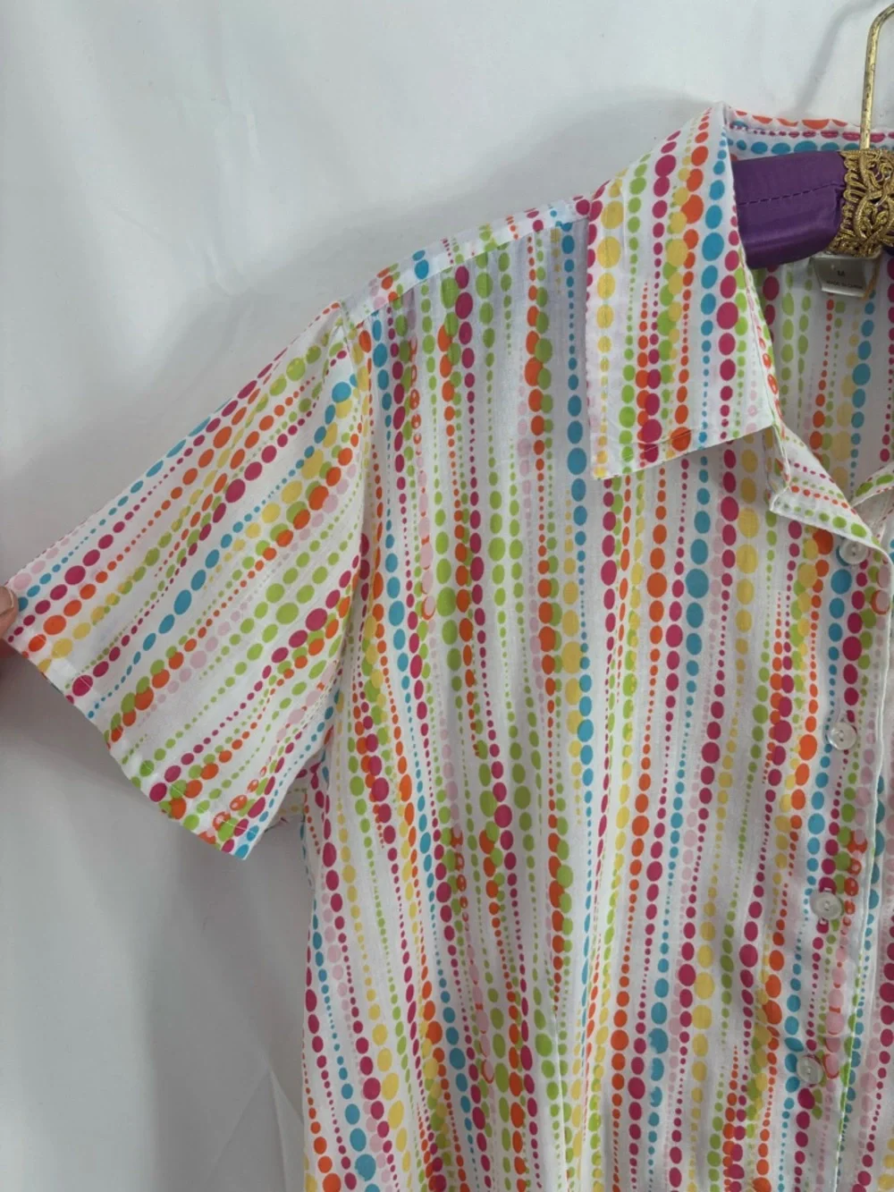 Cotton Blend White Rainbow Polka‎ Dot Lightweight Boho Short Sleeve Button Up M